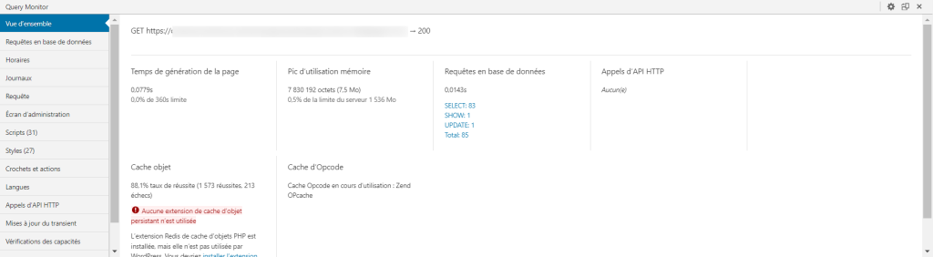 Page Vue d'ensemble de Query Monitor
