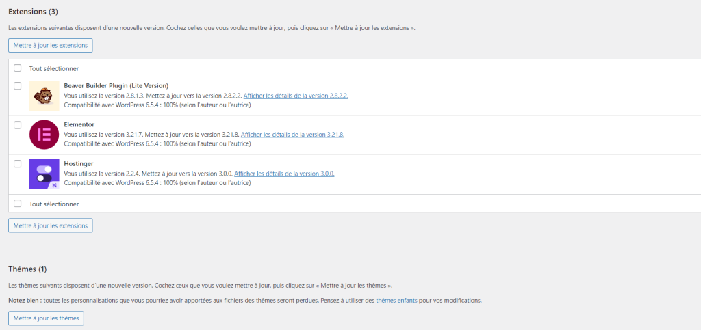 Mise &agrave; jour des plugins et th&egrave;mes WordPress
