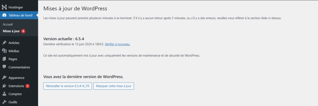 Page des mises &agrave; jour de WordPress montrant la derni&egrave;re version de WordPress