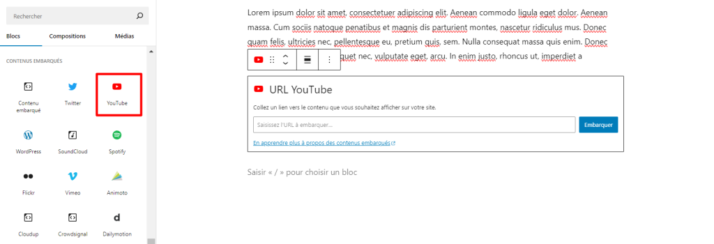 ajouter vid&eacute;os youtube gutenberg