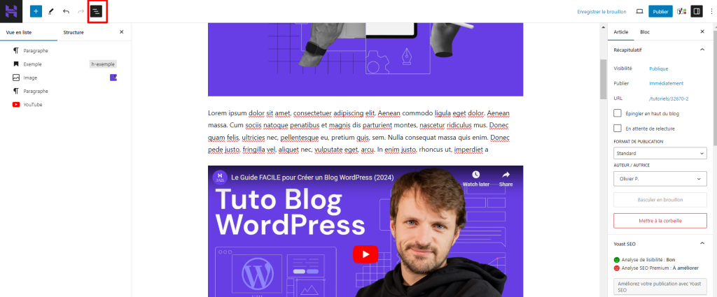 Vue en liste blocs gutenberg