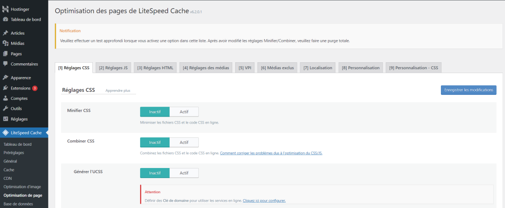 Les param&egrave;tres d'optimisation de page LiteSpeed Cache