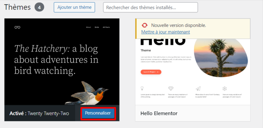 Menu Th&egrave;mes du tableau de bord de WordPress, mettant en &eacute;vidence le bouton &laquo; Personnaliser &raquo; &agrave; c&ocirc;t&eacute; du th&egrave;me actif.