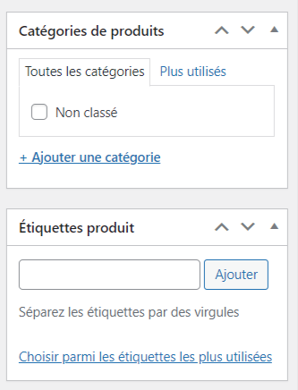 Cat&eacute;gories de produits WooCommerce et sections d'&eacute;tiquettes