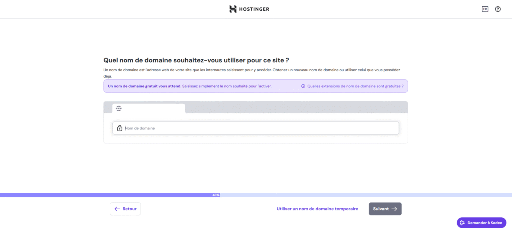 Interface de sélection de domaine dans les étapes de migration de site web sur le hPanel de Hostinger