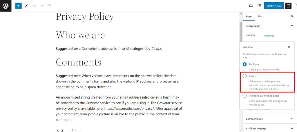 L'option Visibilit&eacute; priv&eacute;e de l'&eacute;diteur de blocs WordPress