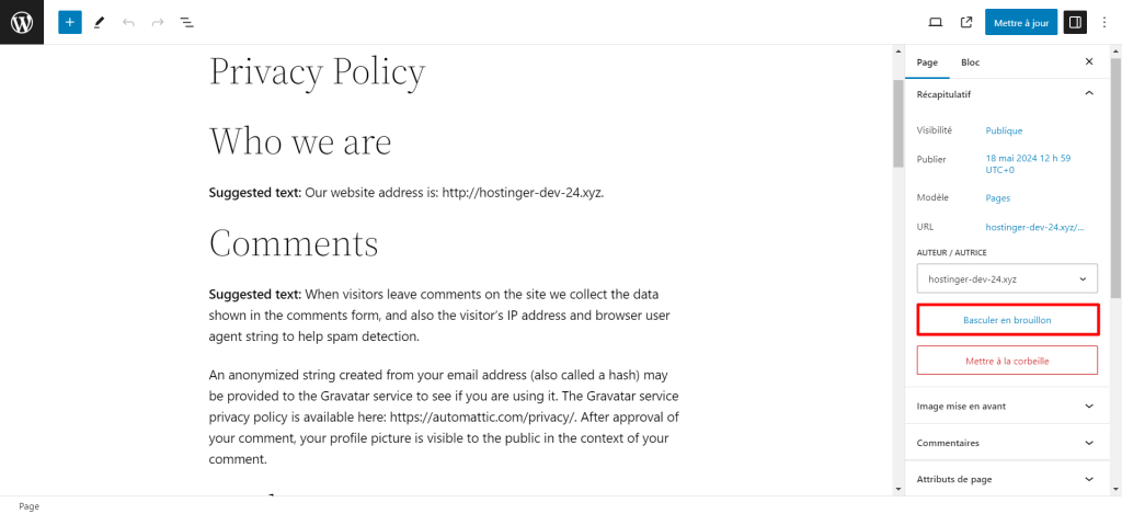 Le bouton Basculer en brouillon dans le panneau des r&eacute;glages de l'&eacute;diteur de blocs de WordPress