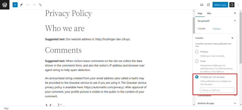 L'option de visibilit&eacute; prot&eacute;g&eacute;e par mot de passe dans l'&eacute;diteur de blocs de WordPress