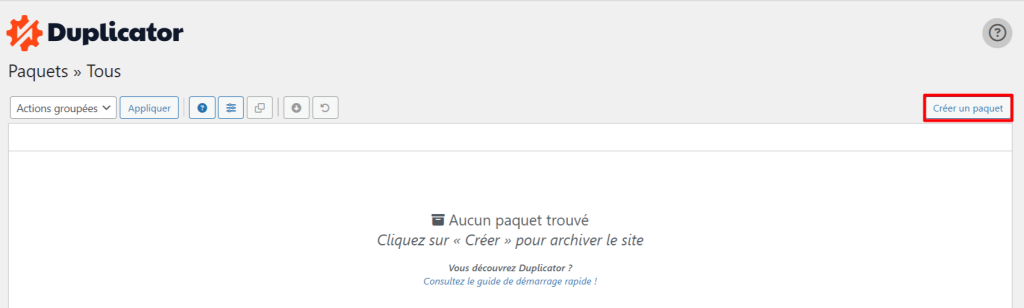 Page de cr&eacute;ation de l'archive du site sur Duplicator