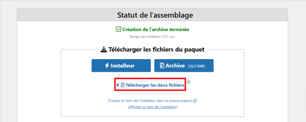 Page de t&eacute;l&eacute;chargement de l'archive et de l'installateur du site Duplicator 