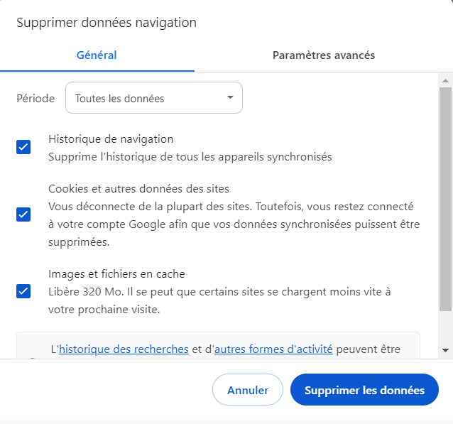 Fen&ecirc;tre contextuelle d'effacement des donn&eacute;es de navigation dans Chrome