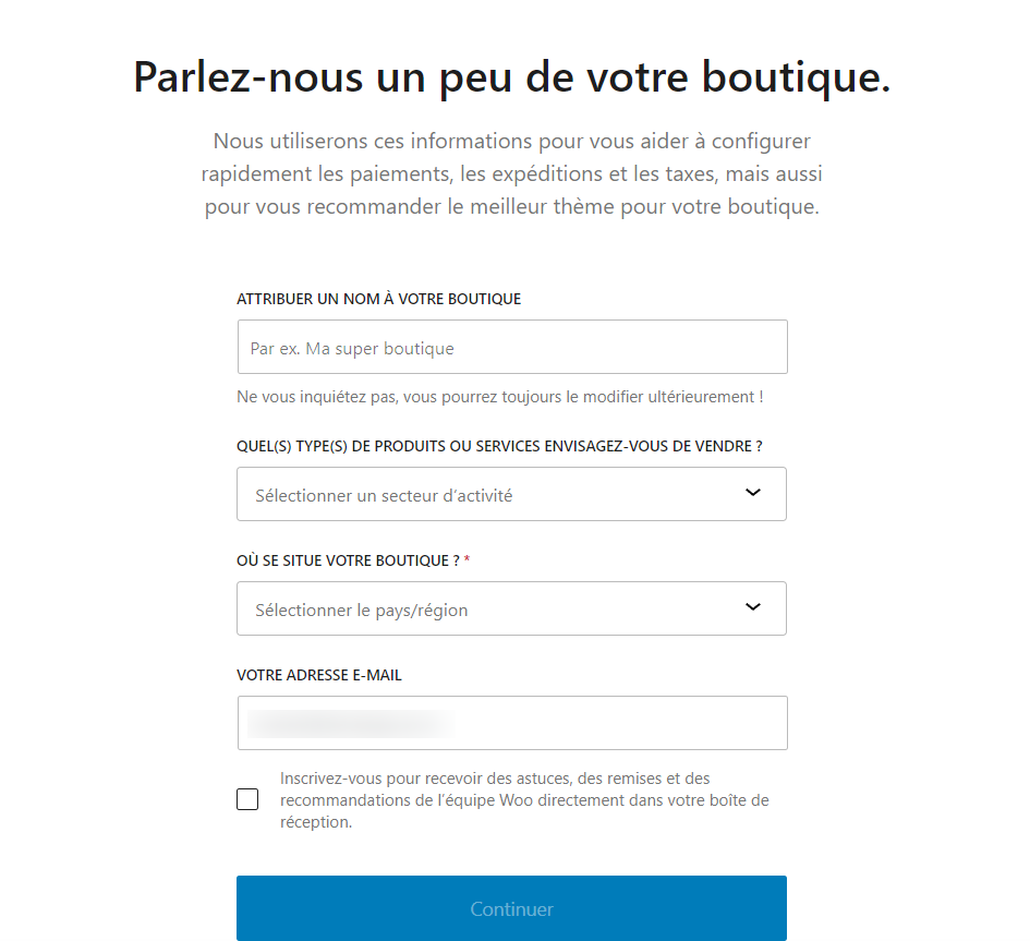 Un formulaire d'installation WooCommerce pour soumettre les d&eacute;tails de l'entreprise