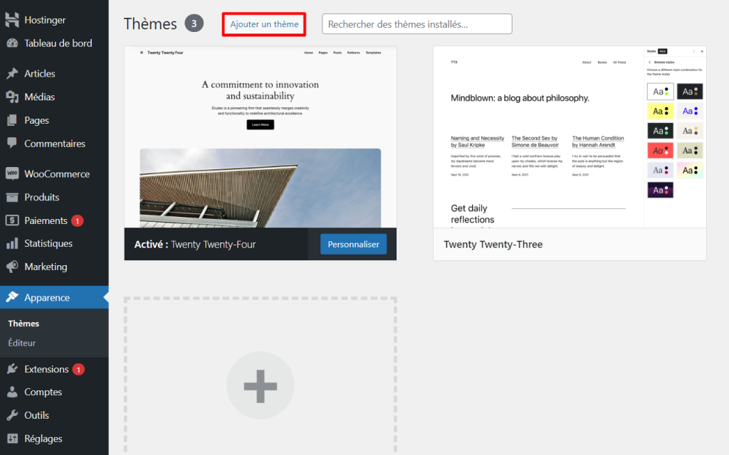 Section des th&egrave;mes WordPress, mettant en &eacute;vidence le bouton permettant d'ajouter un nouveau th&egrave;me