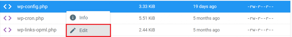 Le bouton d'édition du fichier wp-config php dans le gestionnaire de fichiers de hPanel 