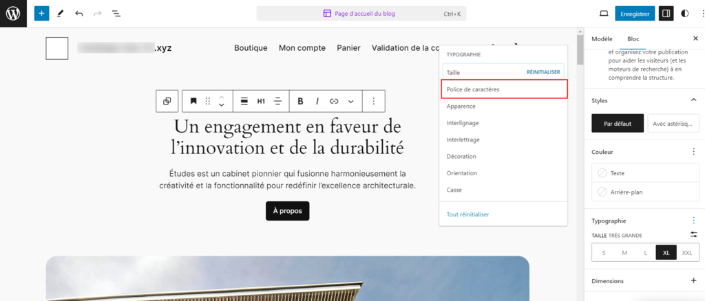 Ouverture de la police de caract&egrave;res dans l'&eacute;diteur de blocs