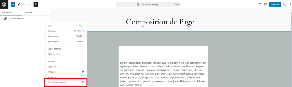 Le menu des options de bloc dans l'&eacute;diteur de bloc, avec l'option &laquo; Cr&eacute;er une composition &raquo; en surbrillance 