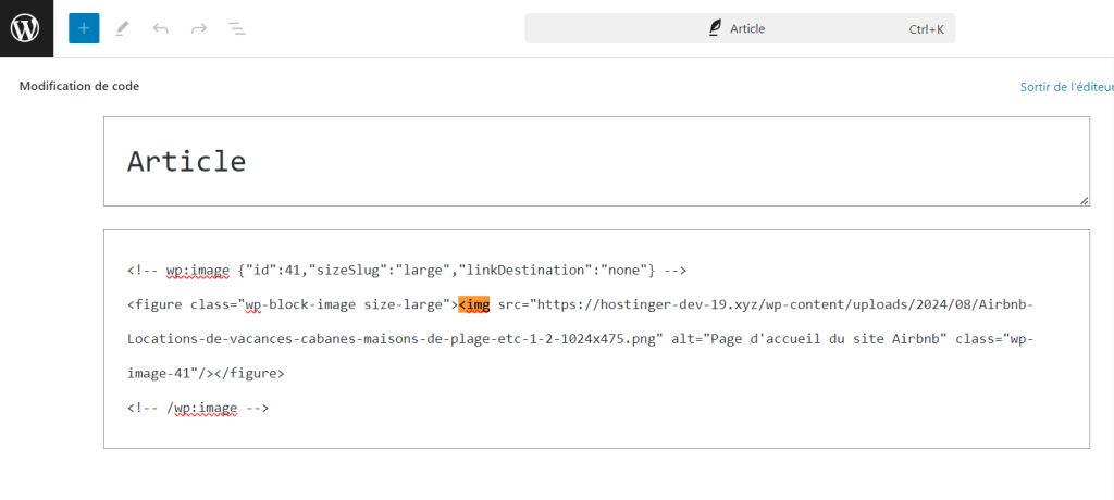 L'&eacute;diteur de code d'un article WordPress utilisant la recherche de balise img 