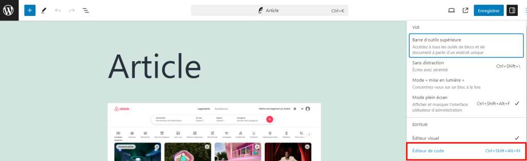 L'option ellipse de WordPress avec l'&eacute;diteur de code en surbrillance 