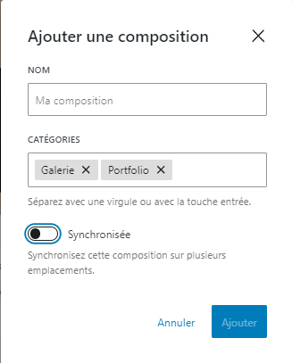 La fen&ecirc;tre contextuelle permettant de cr&eacute;er une composition dans l'&eacute;diteur de blocs