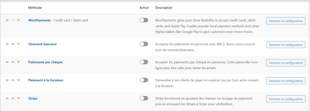 La section Méthodes de paiement dans WooCommerce