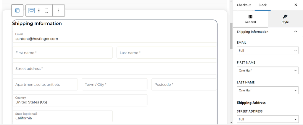 L'interface de l'éditeur Gutenberg avec le conteneur Checkout Form sélectionné