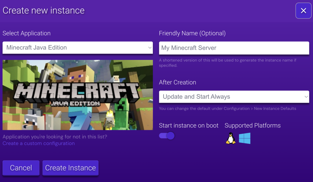 L'écran de création d'instance Minecraft sur le panneau de jeu