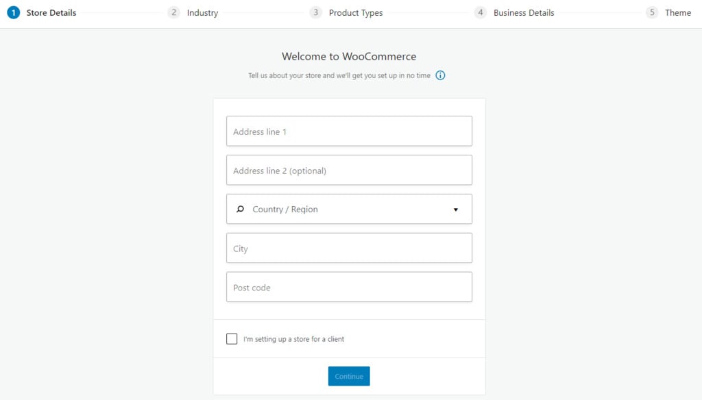 Écran de configuration de WooCommerce