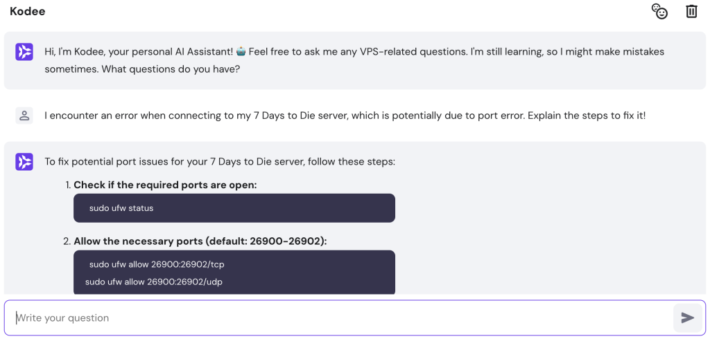 L'assistant IA de Kodee génère des instructions pour résoudre un problème de port dans un serveur de jeu.