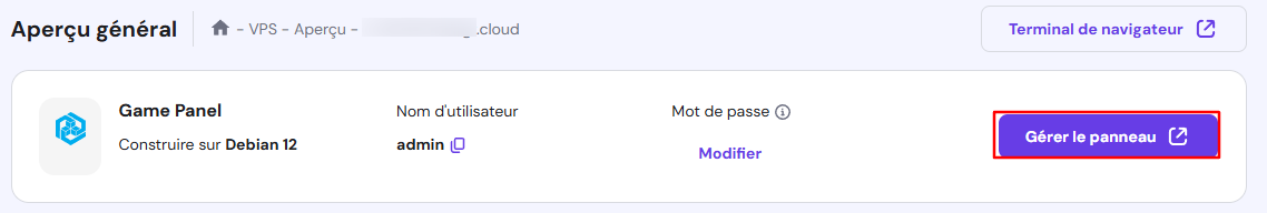 Le bouton Gérer le panneau dans l'hébergement Game Panel de hPanel