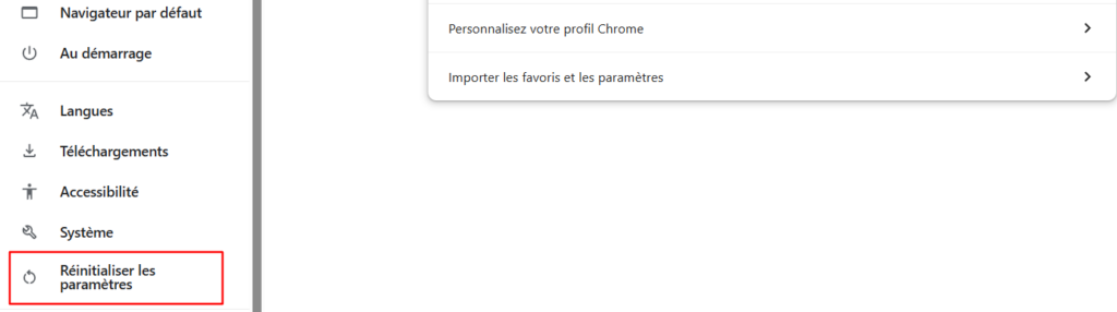 Bouton R&eacute;initialiser les param&egrave;tres sur Chrome