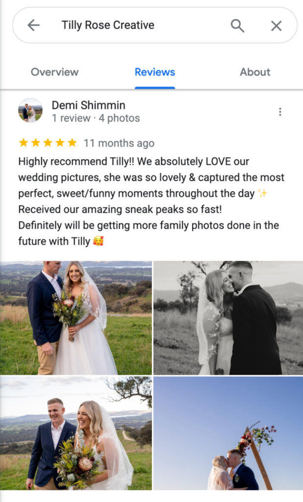Exemple de Google Reviews de Tilly Rose Creative