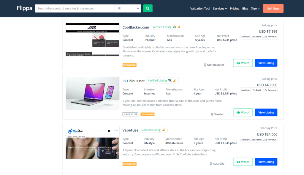 Une liste de sites web à vendre sur Flippa.