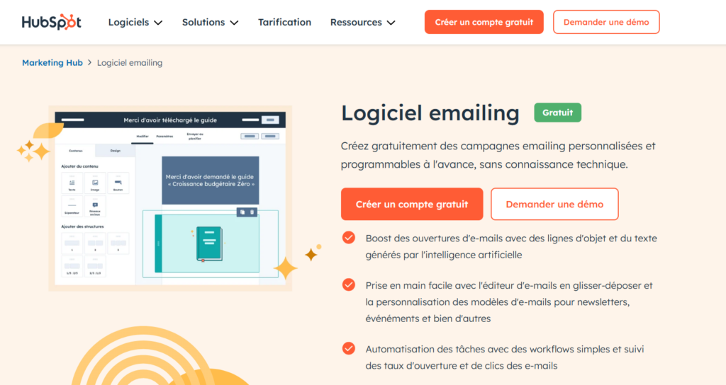 Landing page du logiciel d'email marketing de HubSpot.