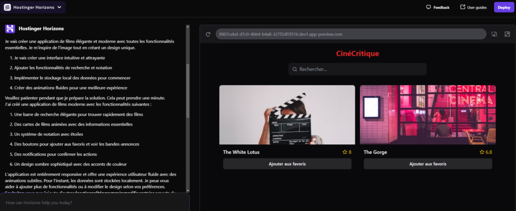 Hostinger Horizons génère une application web en s'inspirant d'une image