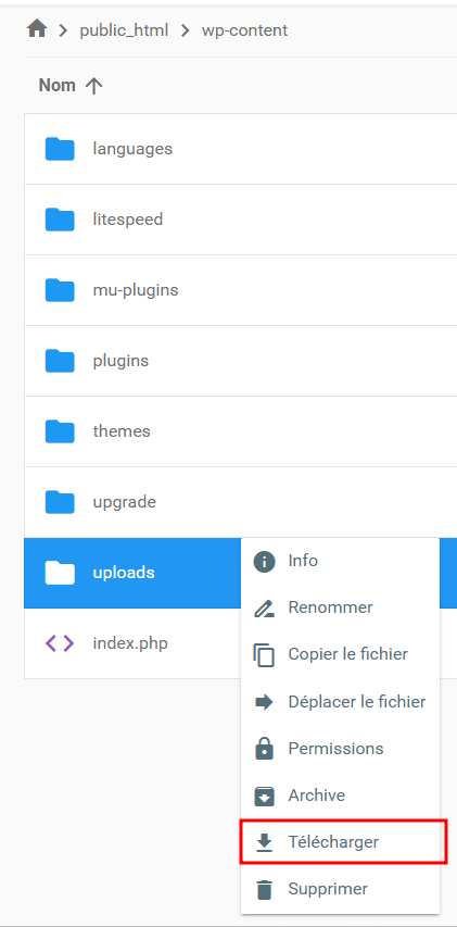 Téléchargement du dossier Uploads à l'intérieur du répertoire wp-content via le gestionnaire de fichiers de Hostinger