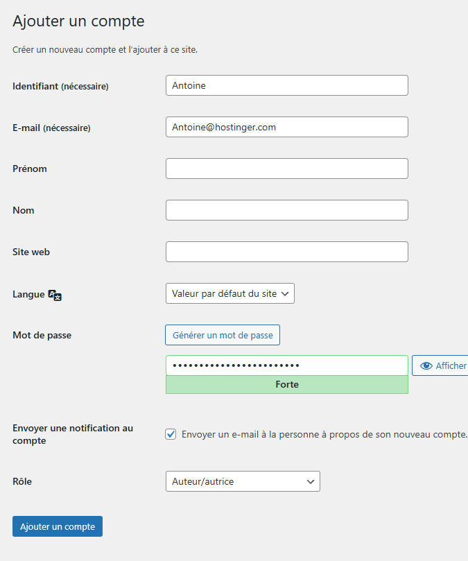 Créer un utilisateur fictif avec le rôle d'auteur dans WordPress