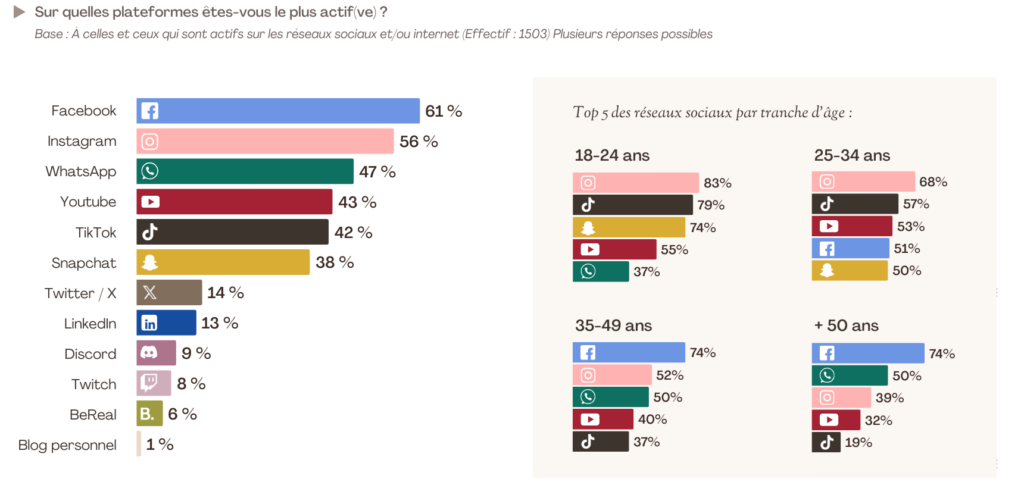 Infographie montrant les réseaux sociaux les plus utilisés par les Français selon l'âge