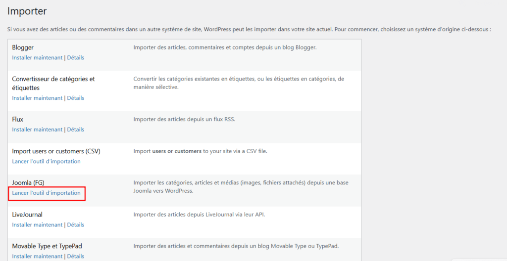 Sélection de Lancer l’outil d’importation sous l’option Joomla (FG) sur le tableau de bord WordPress