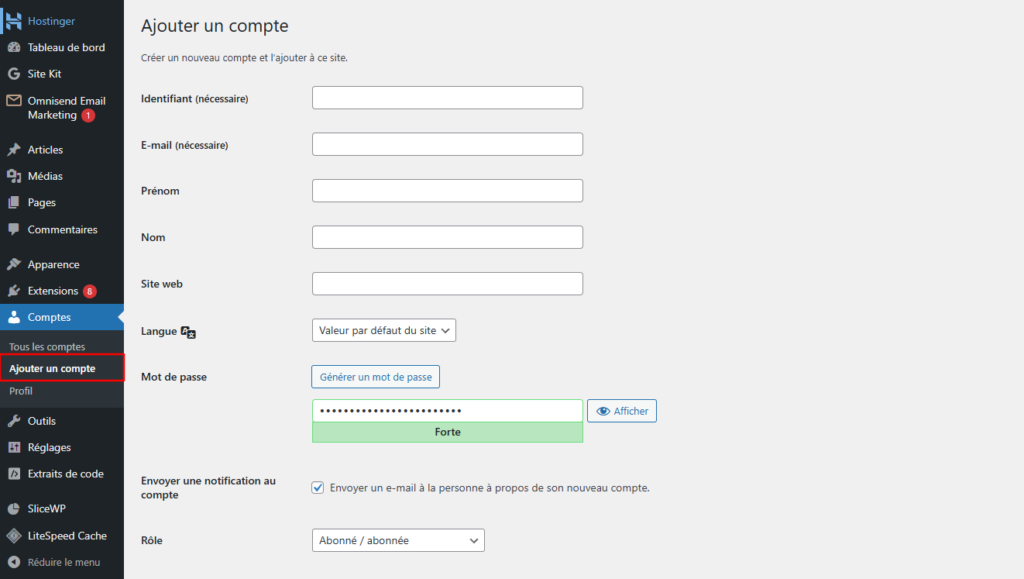 Ajouter un nouvel utilisateur dans le tableau de bord WordPress