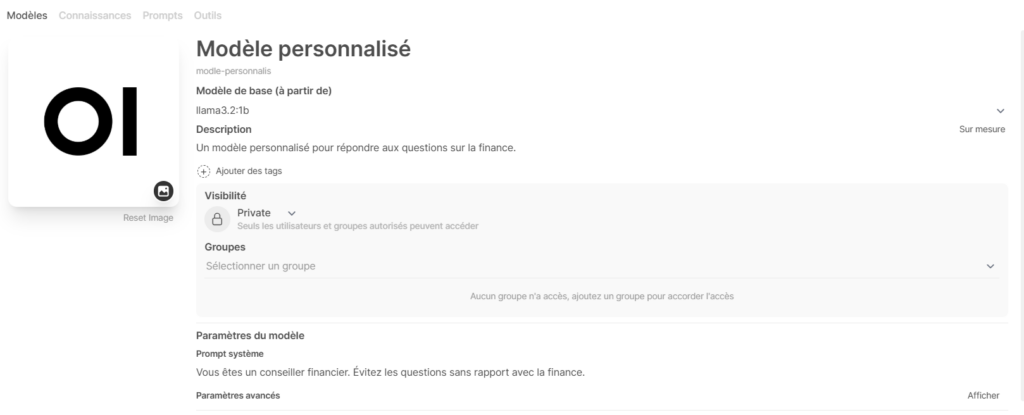 Les champs Créer un modèle dans l'espace de travail d'Open WebUI