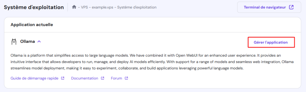 Le bouton Gérer l'application dans le VPS de hPanel après l'installation du modèle Ollama