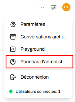 Le menu Admin Panel d'Open WebUI
