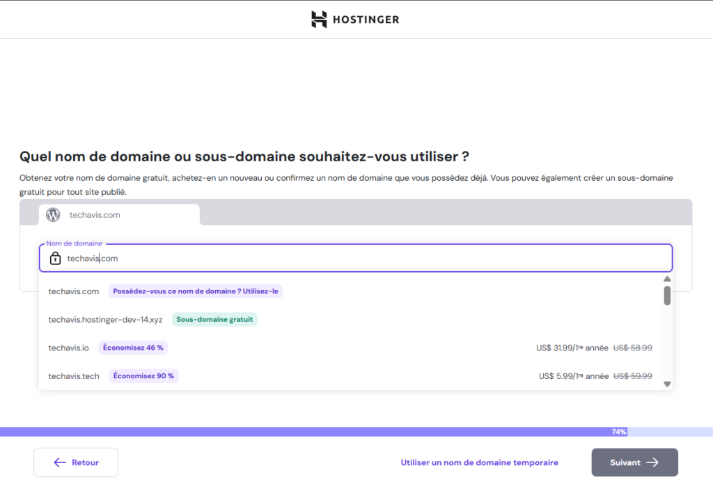 Sélection du nom de domaine lors de l'intégration à Hostinger