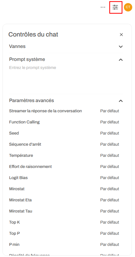 Le bouton Contrôles dans le volet de données d'Open WebUI