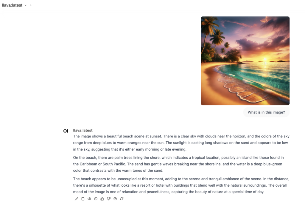 La réponse de Llava à une image de plage dans l'interface utilisateur Web ouverte