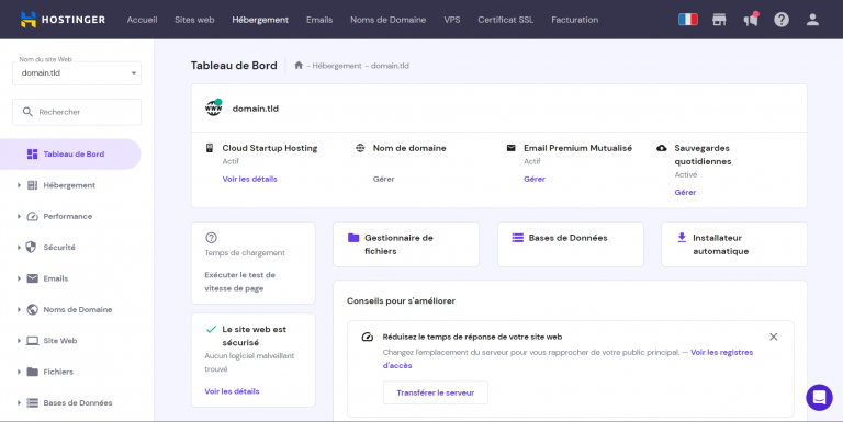 Tableau de bord hPanel