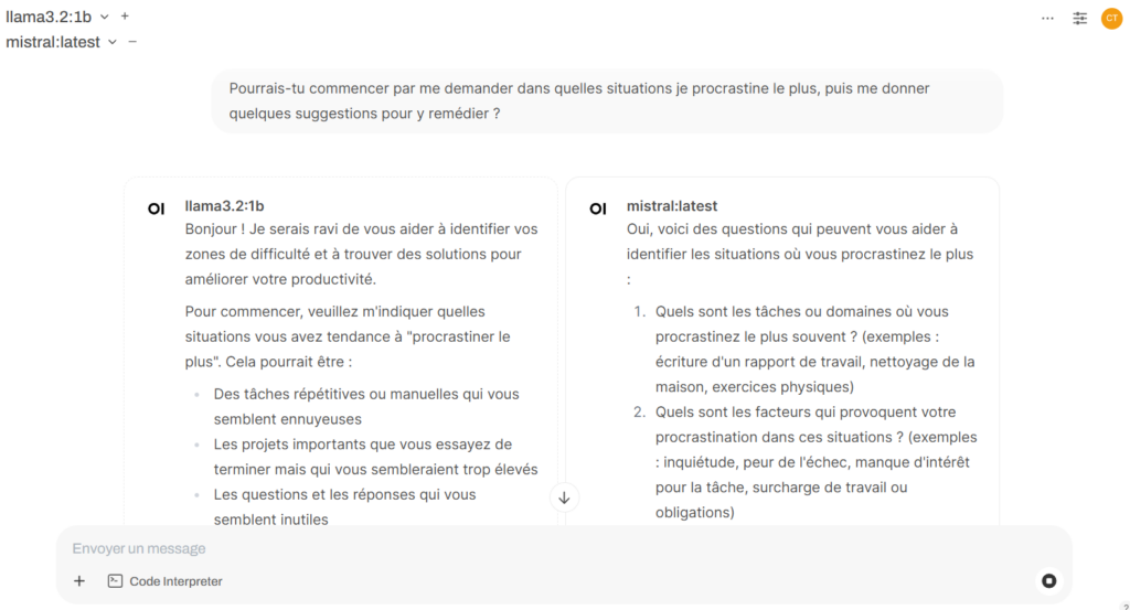 Les réponses de Llama et Mistral à une invite dans Open WebUI