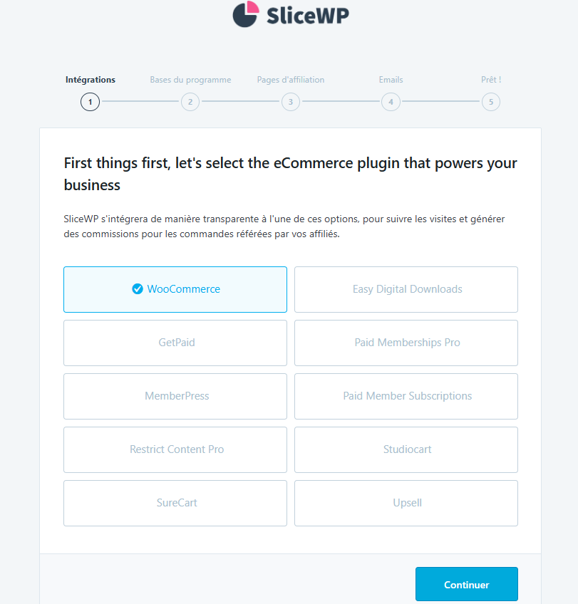 La page de sélection e-commerce dans l'assistant de configuration initiale de SliceWP