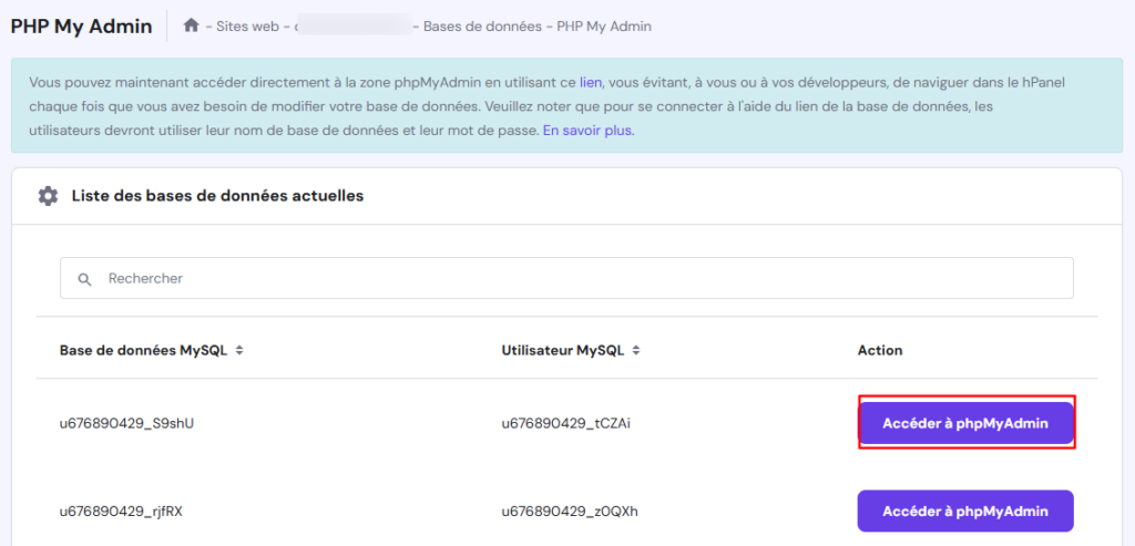 Liste des bases de données actuelles dans hPanel avec le bouton « Accéder à phpMyAdmin » en surbrillance