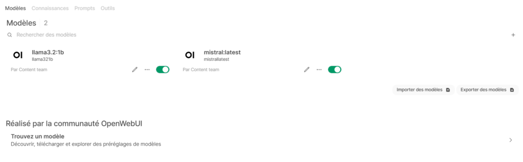 L'onglet Modèles dans l'espace de travail d'Open WebUI